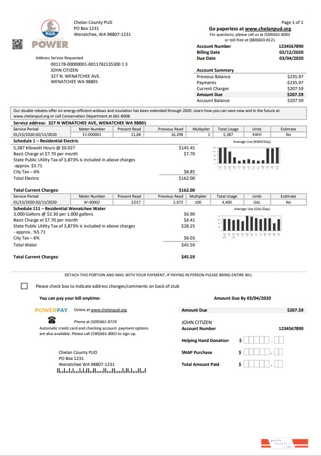 USA Washington Chelan County PUD utility bill template in Word and PDF format